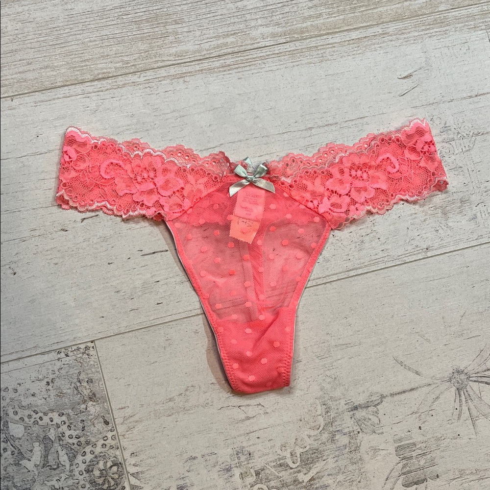 Victoria's Secret Coral Lace and Mesh Polka Dot Thong Panties Small